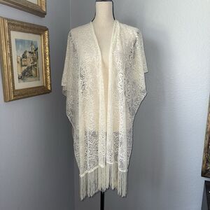 Vintage Lace Fringe Shawl Wrap Cream Boho Art Deco Bridal Wedding Festival